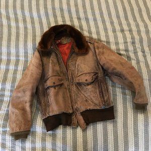 Vtg Brown Rust Leather Bomber Jacket w/ Faux Fur